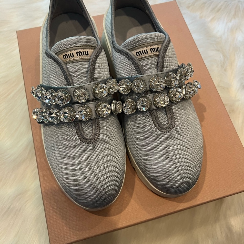 Miu Miu Gray Sneakers with Crystal Embellishments